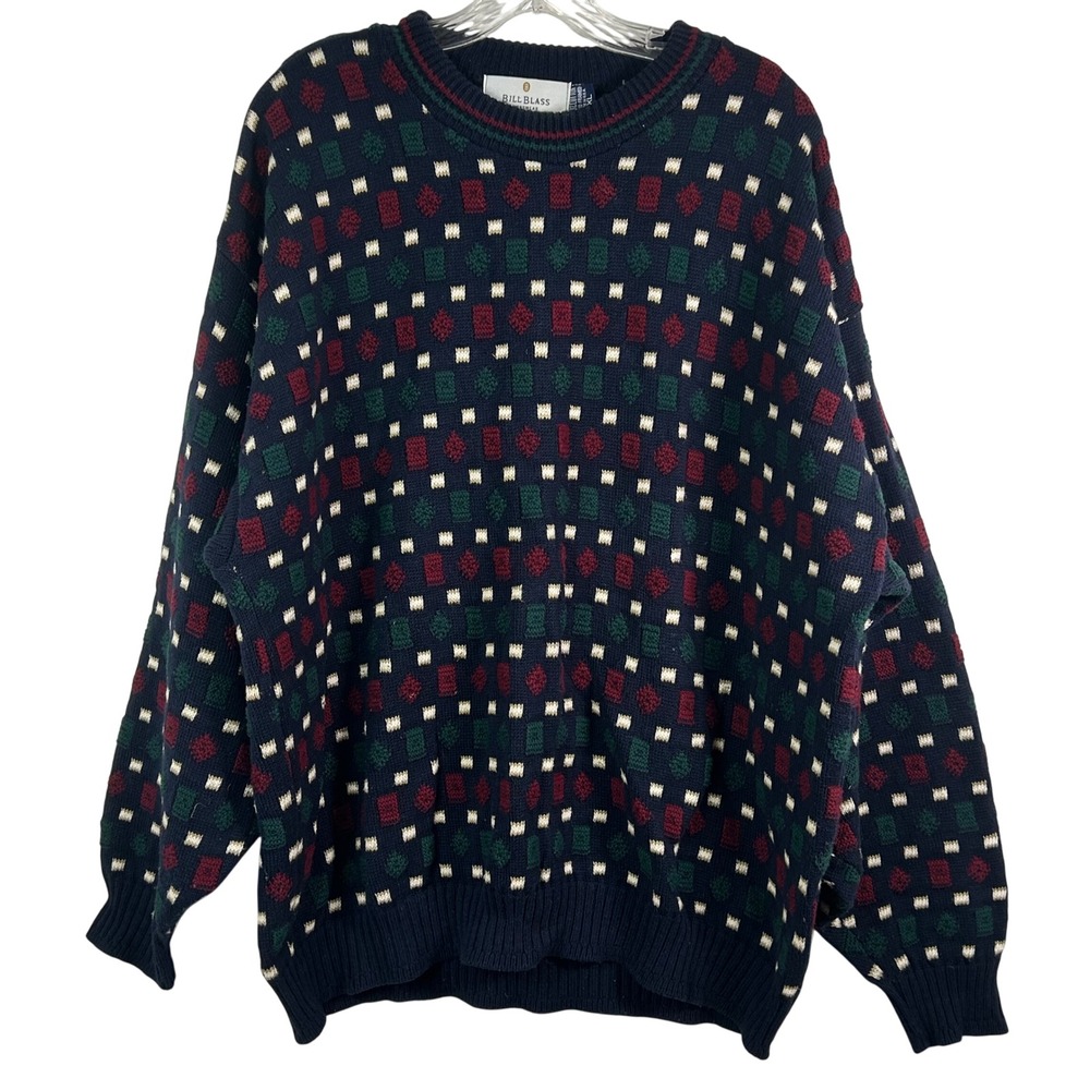 Vintage Bill Blass Menswear Cotton Geometric‎ Knit Crewneck Sweater XL